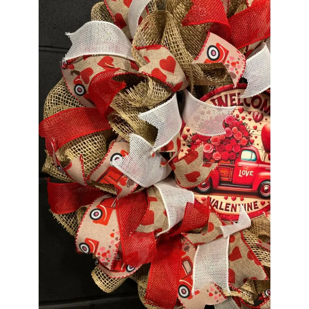 Valentines Day Wreath, Rustic, Farmhouse, Red Truck, Handmade 22 In Burlap